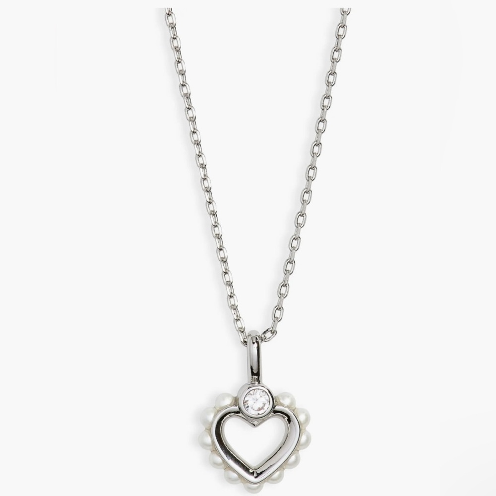 NWOT Kate Spade Shining Spade Pearl & Crystal Mini Heart Pendant Necklace.
